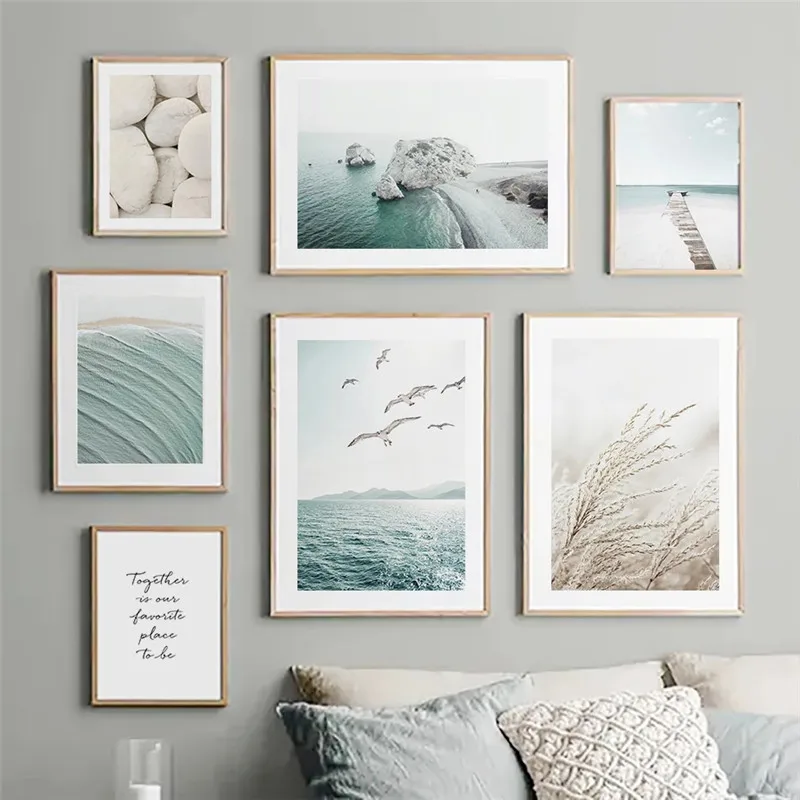 

Grass Gull Stone Bridge Reed Blue Beach Seaside Wall Art Canvas Painting Nordic Seascape Posters And Prints Pictures Room Decor