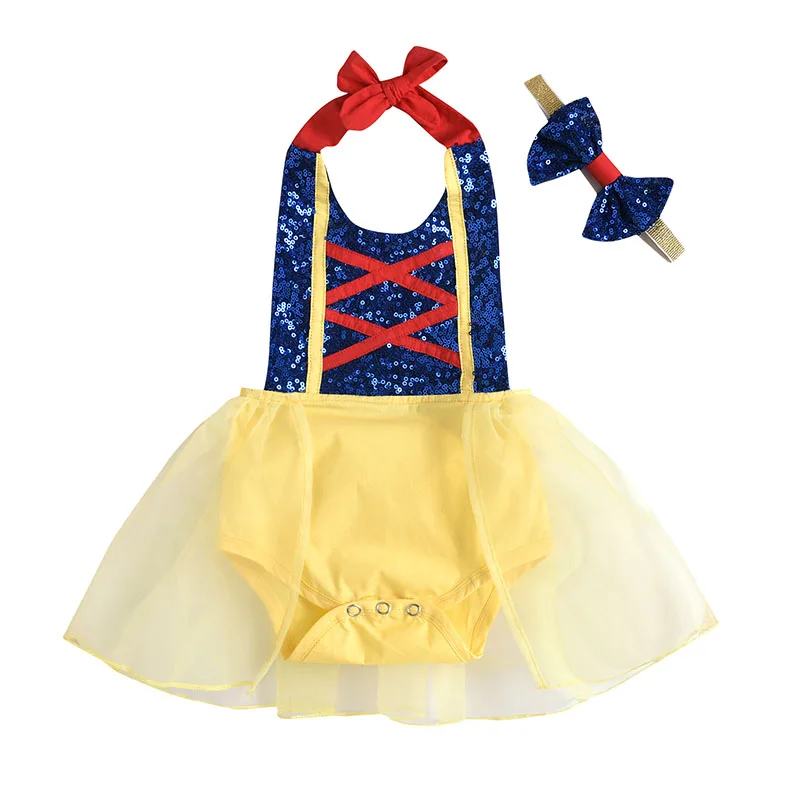 

Newborn Baby Girls Romper Dress Headband Sequined Patchwork Sleeveless Belt Lace Backless Outfits Princess Costumes