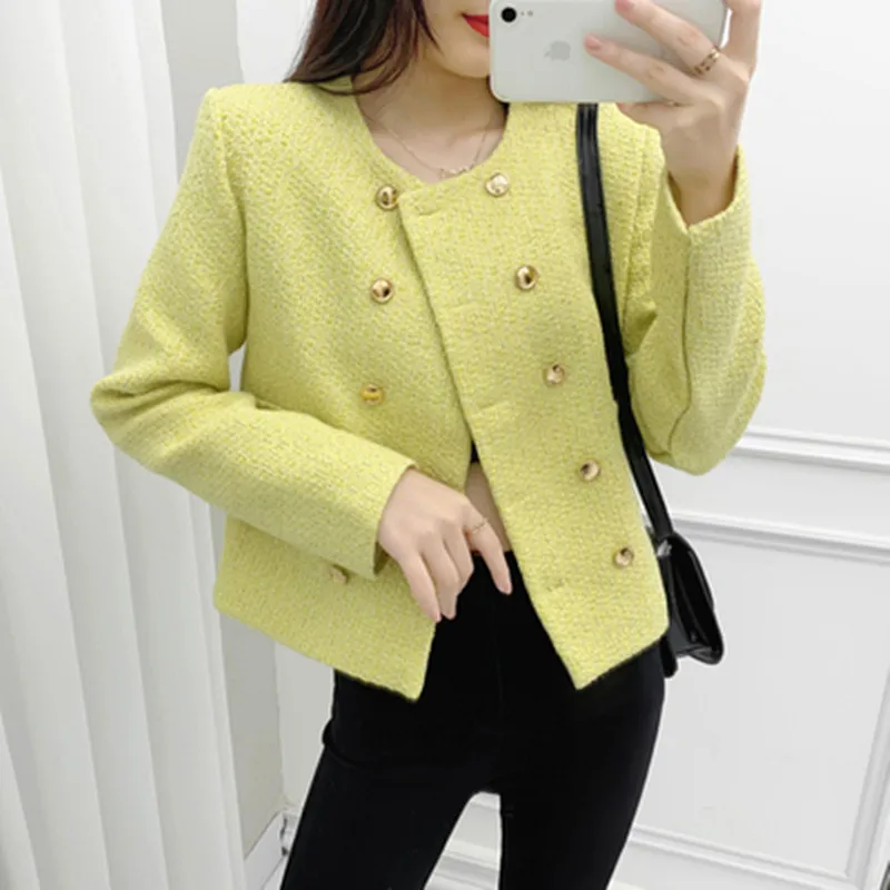 

Women Fashion Tweed Jacket 2021 Autumn Round Neck Designer Double Breasted Ladies Coats Elegant Long Sleeve Outwear