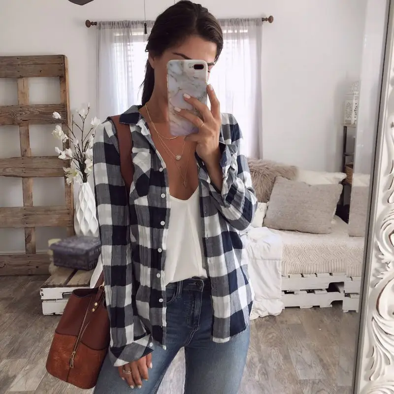 

Women Loose Blouse Tops Checkered plaid College blouses shirt female long sleeve Casual Blouse shirt office lady tops