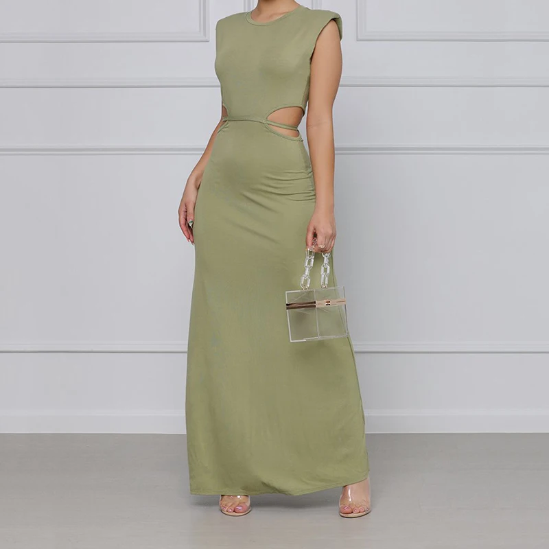 

2021 Casual Solid Sexy Club Dresses for Women Summer Knitting O-Neck Sleeveless Dress Bodycon Sexy Hollow Out Elastic Maxi Dress