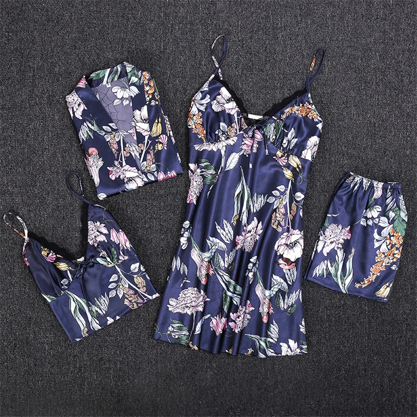 

Silk Robe Long Sleeve Pajamas 4Pcs Sets Home Clothes for Women High Quality Printing Sleepwear Nightwear Floral Print Sexy