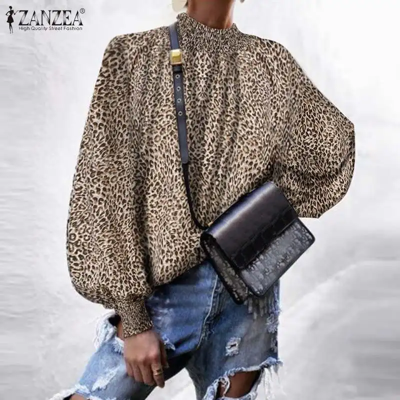 

Женские леопардовые блузки ZANZEA 2021, модные топы с принтом, повседневные блузки с пышными рукавами, Женская туника в офисном стиле, рубашка, То...