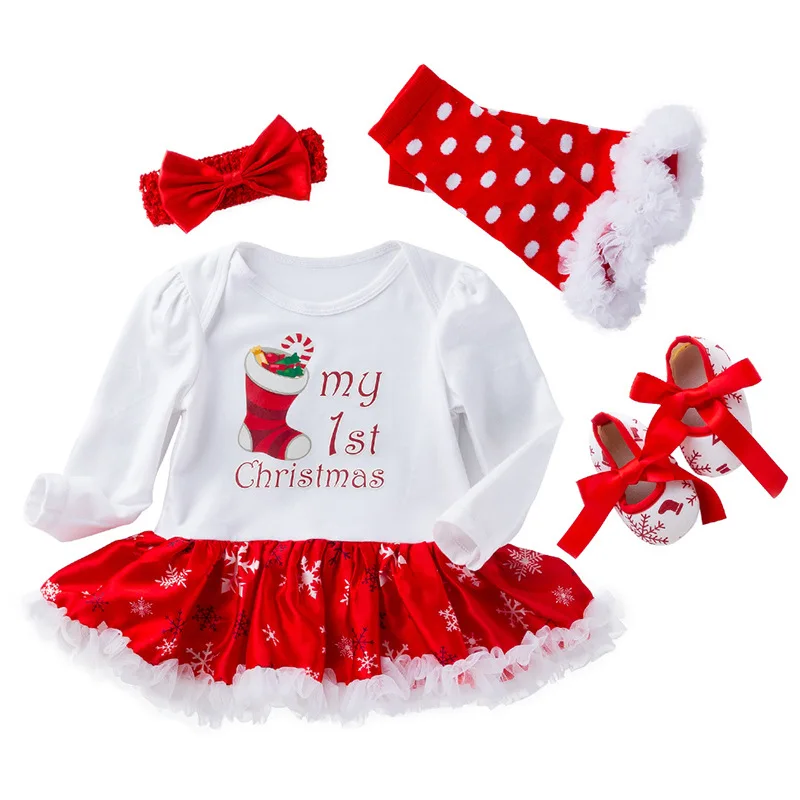 Christmas Baby Girl Clothes Dress Cotton Long Sleeve Children's Skirts Set 0-2 Newborn Four-piece Childen Clothing New Year Gift | Детская
