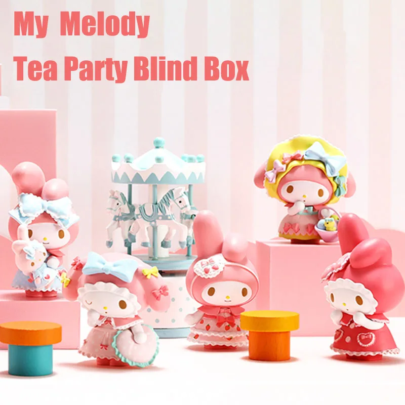 

Original Sanrio Cute Melody Tea Party Blind Box Suit Ornament PVC Kawaii Doll Anime Collection Decration Model Kids Toys Gifts