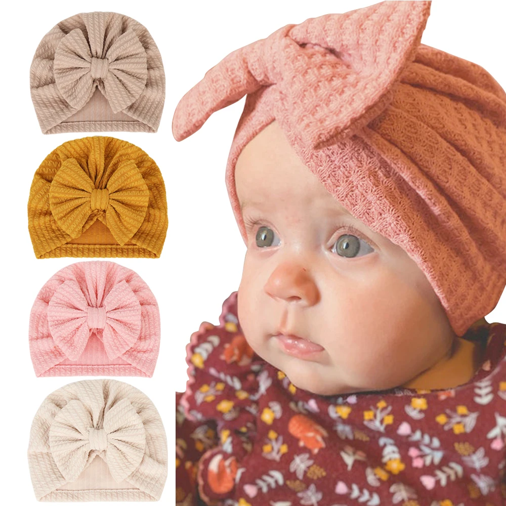 

12pc/lot Waffle Knit Turban Babes Hat For Kids Girls Boys Beanie Caps Toddler Solid Color Baby Hat Ribbed Bows Newborn Head Wrap