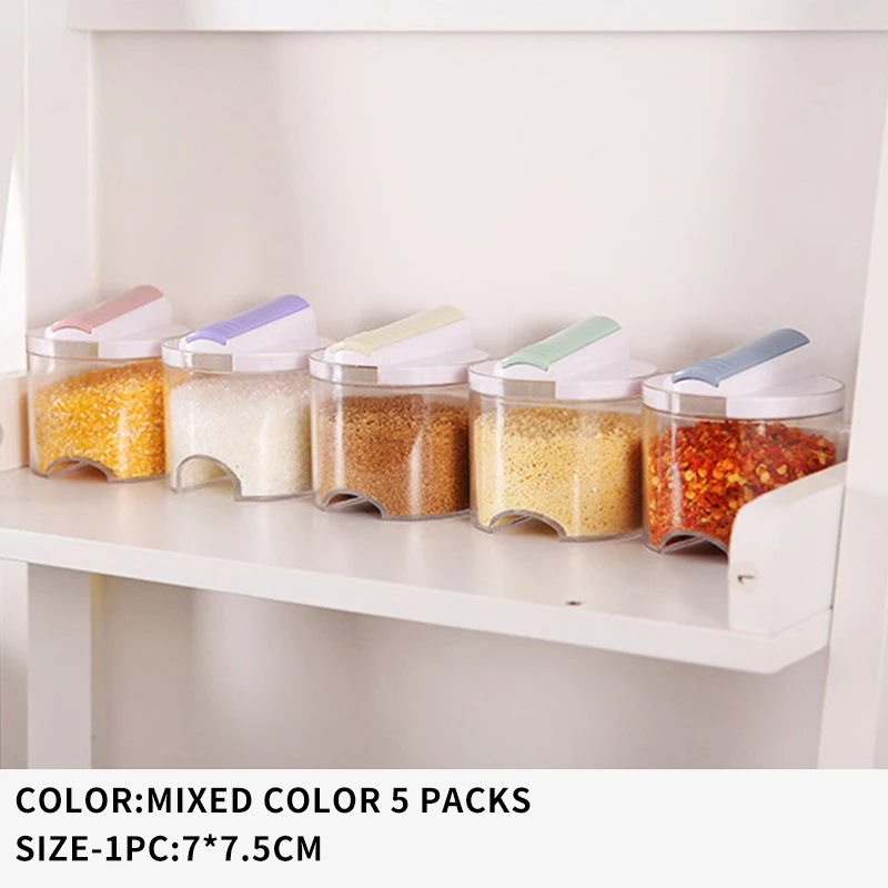 

5PCS Kitchen Seasoning Jar Set Superimposed Sealed Double Cover Stackable Salt Pepper Spice Honey Box Home Seasoning Shaker Rack