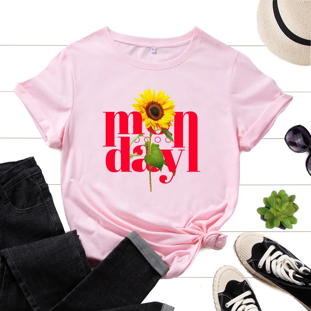 

Футболка женская хлопковая с принтом, Повседневная рубашка с коротким рукавом и графическим принтом, топ с цветочным принтом подсолнуха, од...