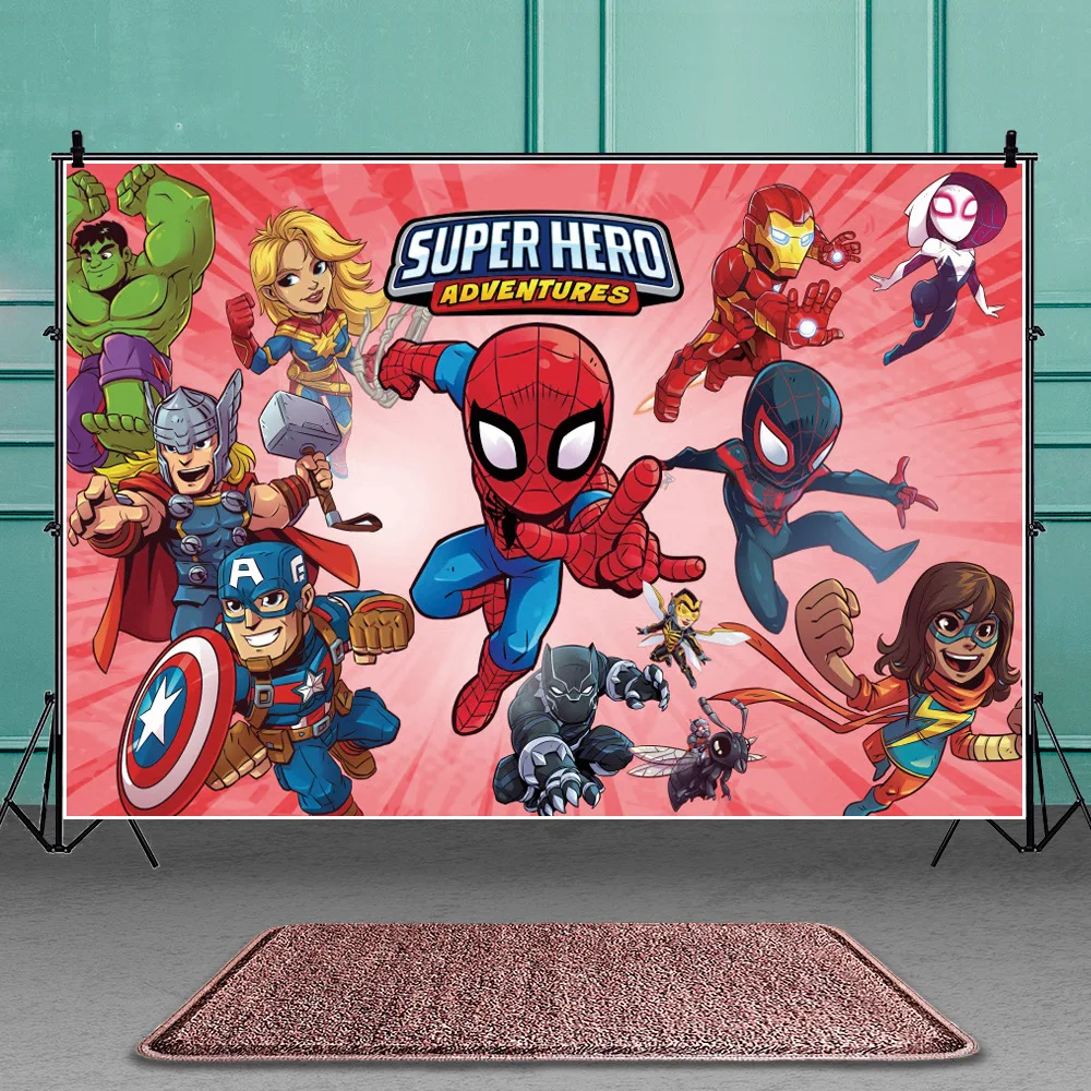 Fondo de cumplea&ntilde;os de Los Vengadores para ni&ntilde;os, tel&oacute;n de fondo de tela de superh&eacute;roes para beb&eacute;s, decoraciones de fiesta, fotograf&iacute;a personalizada, p&oacute;ster, fotos-1