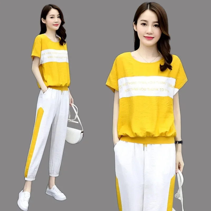 

Plus Size 4XL Summer Sports Pant Suits Women Top+Trousers Sets Femme O Neck T-Shirt+Pants New Two-Piece Set Woman High Waist