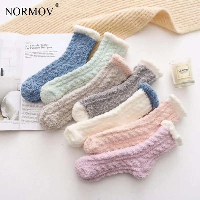 

NORMOV Women Warm Socks Winter Coral Fleece Cute Socks Candy Colors Force Twist Knitting Solid Color Mid Socks