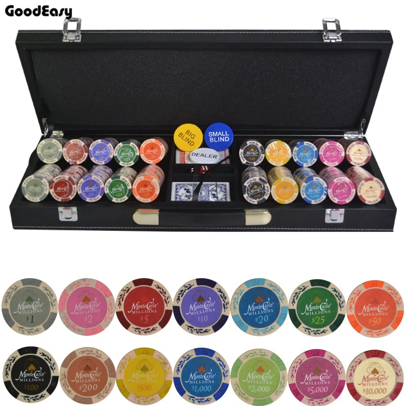 

200,300,400,500PCS/Set New Casino Texas Hold'em Clay Double Color Chips With Trim Sticker Poker Chip Set with Leather Suitcase