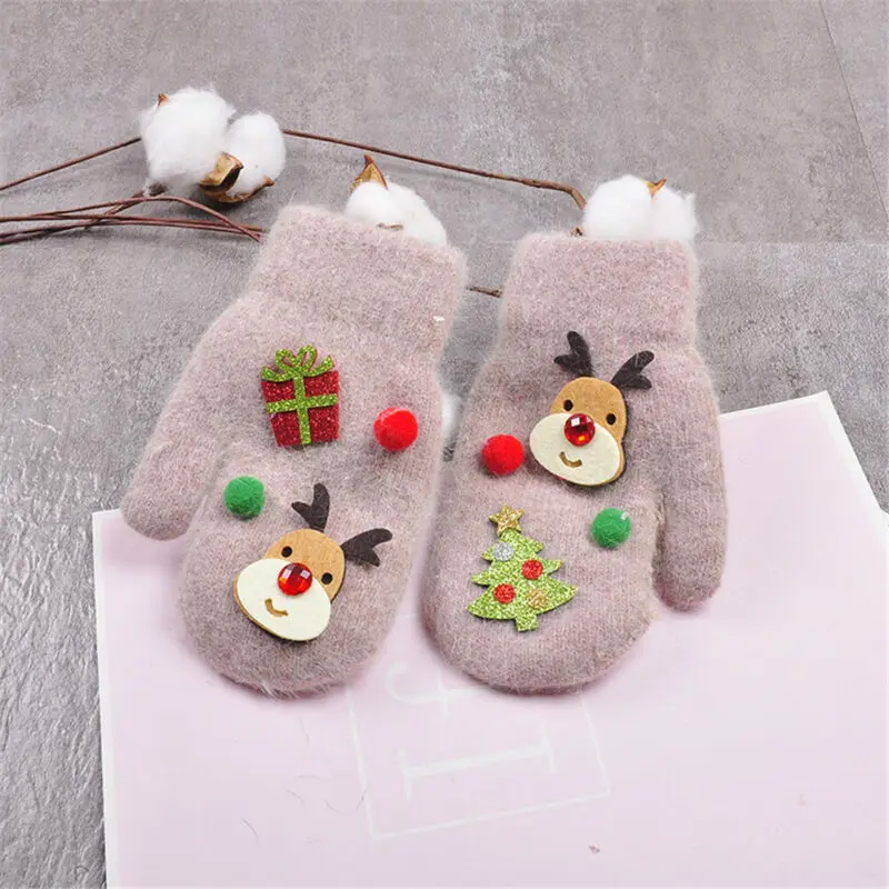 Xmas Baby Kids Goves Boys Girls Cartoon Elk Wool Plain Fleece Mittens Toddler Winter Gloves Warm Christmas New Year Gifts 3-10Y |