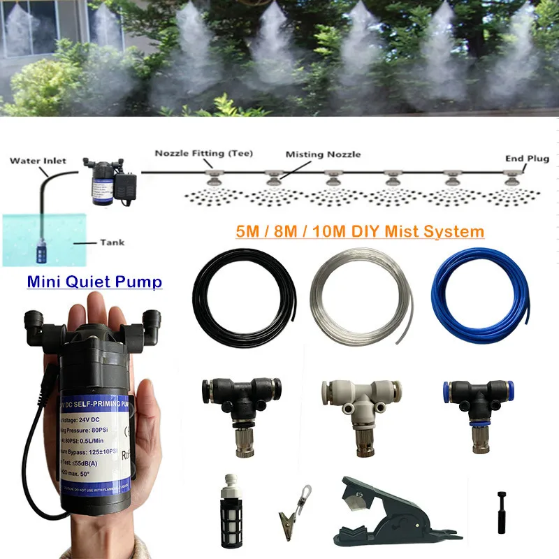 H200 Quality Quiet DC 24V Water Pump Sprayer Patio DIY Mist Cooling System 5M/8M/10M & 6mm Slip Lock Fine Fog Nozzle Water Spray