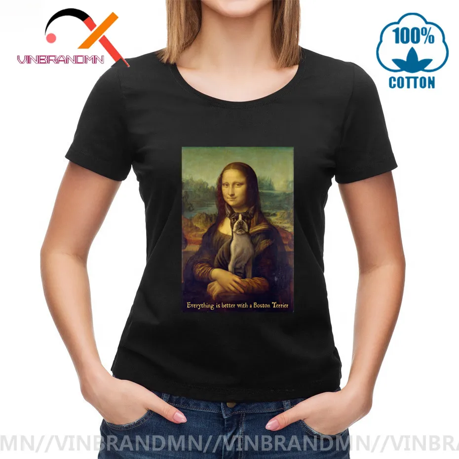 Mona Lisa Футболка женская 2020 горячая распродажа ретро Мона Лиза с Бостон терьер