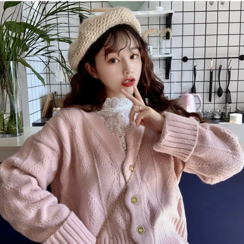 

Autumn Spring Women Sweater V Neck New Vintage Knitted Cardigan Warm Simple Solid Long Sleeve Loose Female Fashion Design Tops