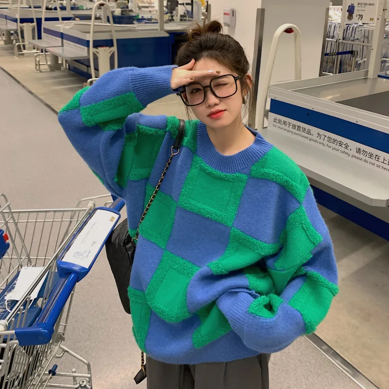 

vintage 90s Tops y2k Women 2021 Fashion Plaid Pattern Oversized o neck Sweater za Lantern Long Sleeve Female Pullovers green