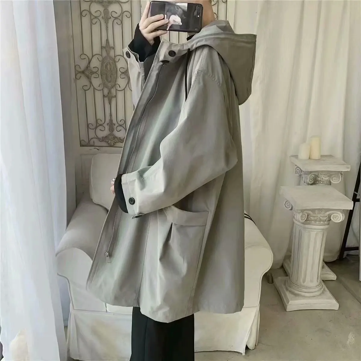 

Fall Winter Coat Han Edition Easy Leisure Men Long Overcoat Popular Joker Handsome Hooded Jacket