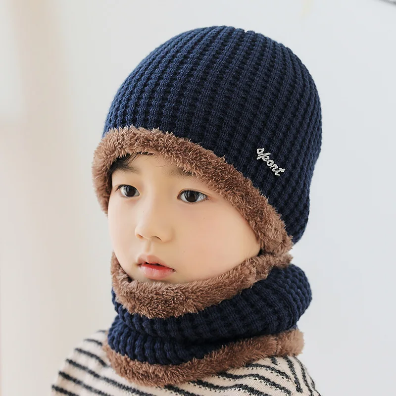 

Knitted keep Warm caps fitted soft panama bonnet Winter Children baby boys hats+scarf sets Kids Patchwork