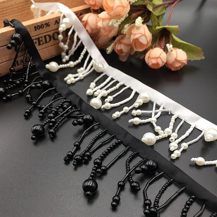 

2Yards Black Long Pearl Fringe Beaded Lace Trim Garment Dress Tassel Lace Decoration Shoes Ornaments Hanging Bead Curtain Sewing