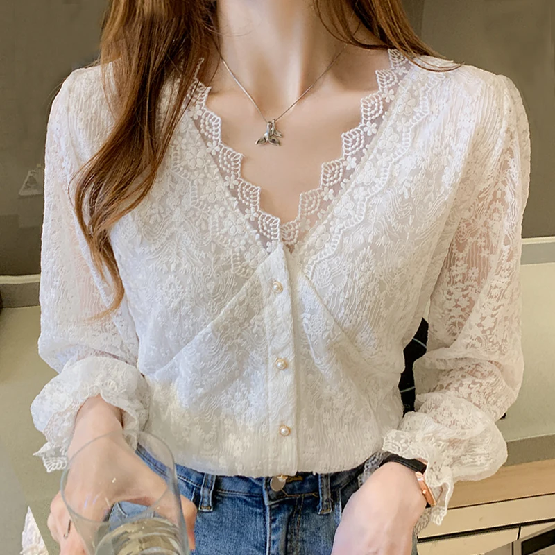 

Белая женская блузка с длинным рукавом, топы, женская кружевная блузка с V-образным вырезом, женские блузки, мода 2022, блузки, женские рубашки ...