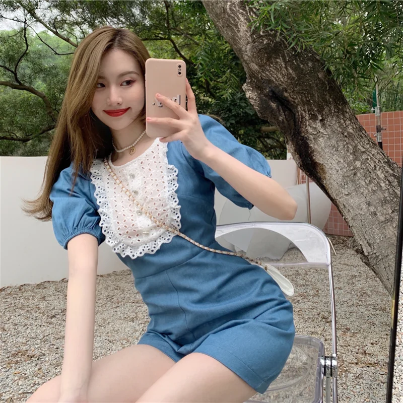 

Summer French Elegant Mini Jumpsuits Women Korean Designer Sweet Patchwork Jumpsuit-women Fashion Cut Out Denim Jumpsuits 2021