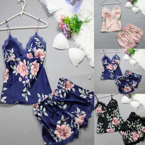 

Women Girl Summer Pajama Sets Shorts Babydoll Sleepwear Lingerie Silk Satin Nightwear Sleepwear Set