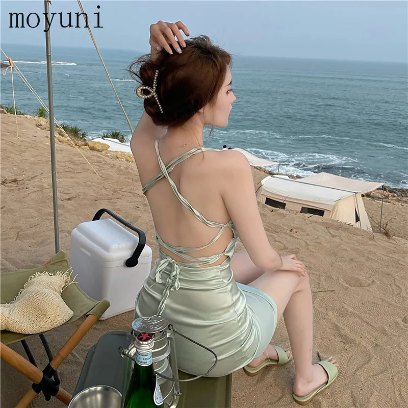 

Spring Summer Sexy Elegant Backless Cross-Halterneck Strap Dress for Women Slim Hip-Wrapped Dress Mini Aesthetic Unique Body