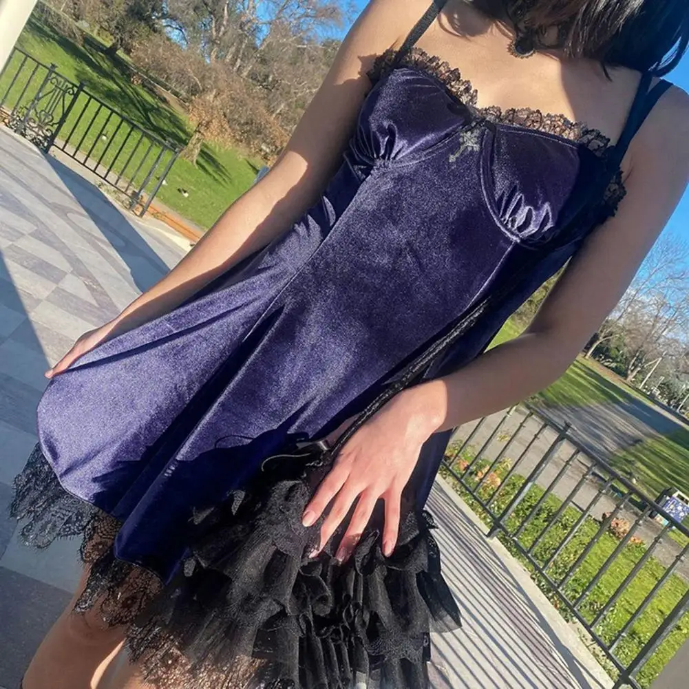 

2021 Women Dress Retro Girls Style All Match Polyester Stylish Lace Edge Mini Dress for Party Daily Wear Or Travel