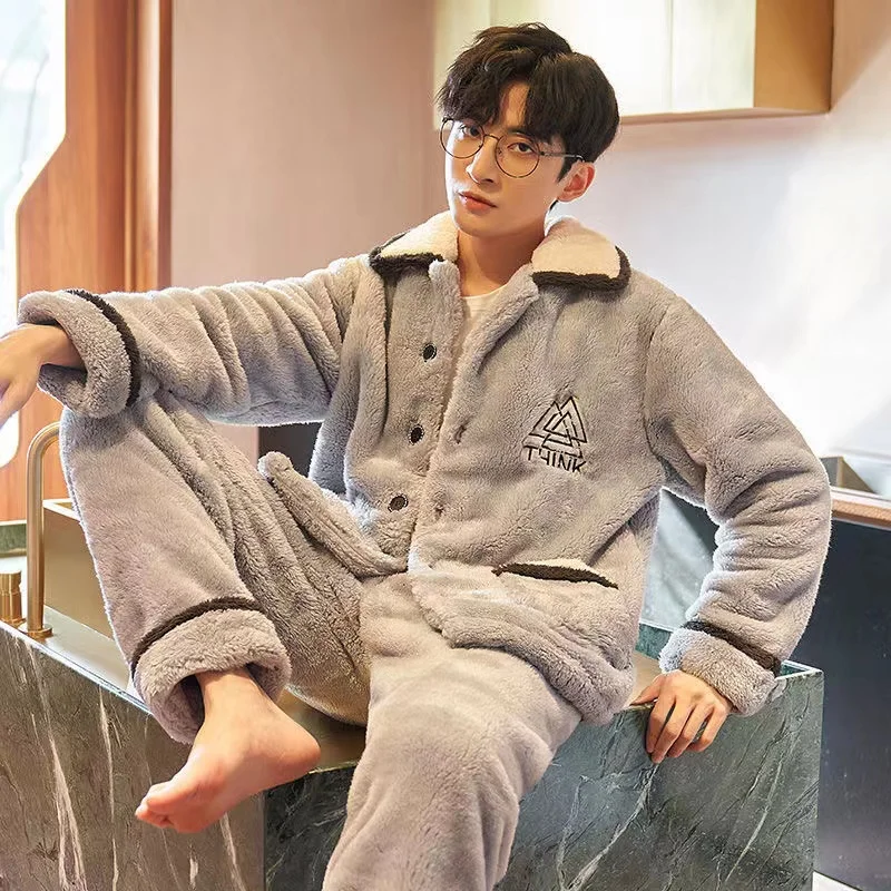 Winter Men's Pajamas Set Coral VelveThicken Warm Flannel 2 Pieces/Sets Pyjamas Long Sleeve Homewear Home Clothing