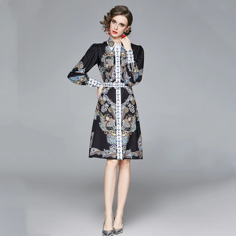

2021 spring retro print dress ladies elegant lantern sleeve lapel female office ladies dress