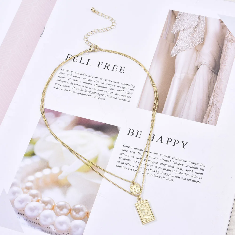 

2021 Women Clavicle Chain Korean Metal Necklace Hip Hop Street Accessories Retro Square Portrait Embossed Double Layer Necklace