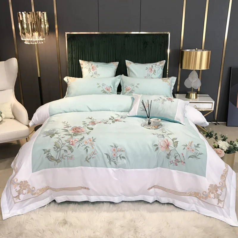 

Luxury Chinese Style Flowers Embroidery 600TC Satin Like Silk Cotton Bedding Set Duvet Cover Bed Linen Fitted Sheet Pillowcases