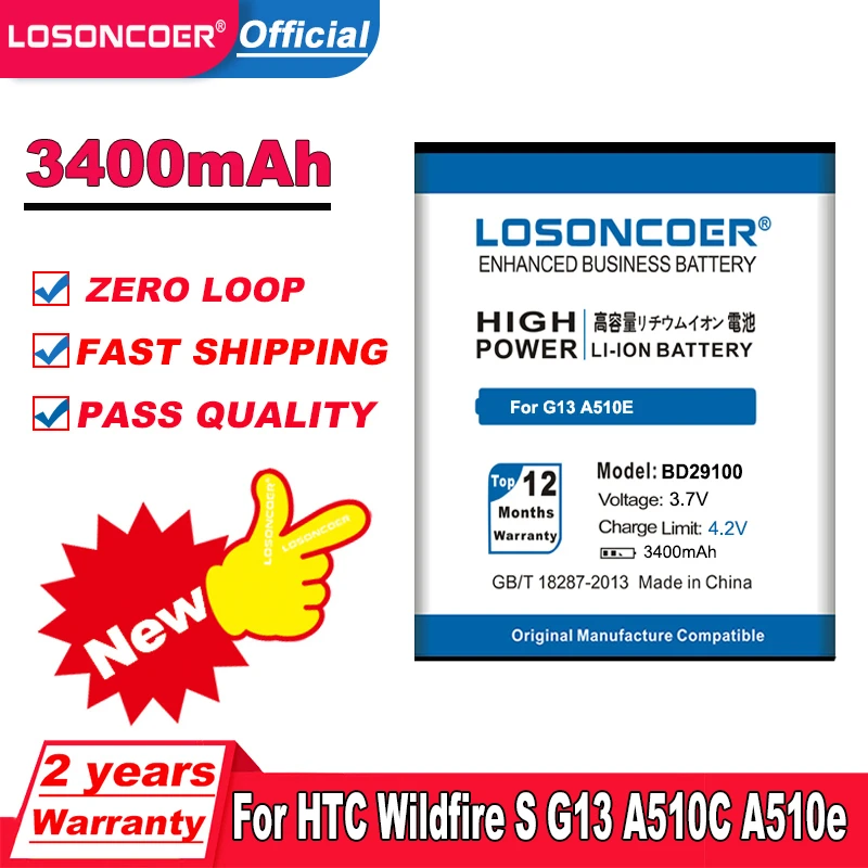 Аккумулятор LOSONCOER 3400 мАч BD29100 для HTC G13 Wildfire S A510e A510C T9292 HD3 HD3s HD7 PG76100 | Мобильные