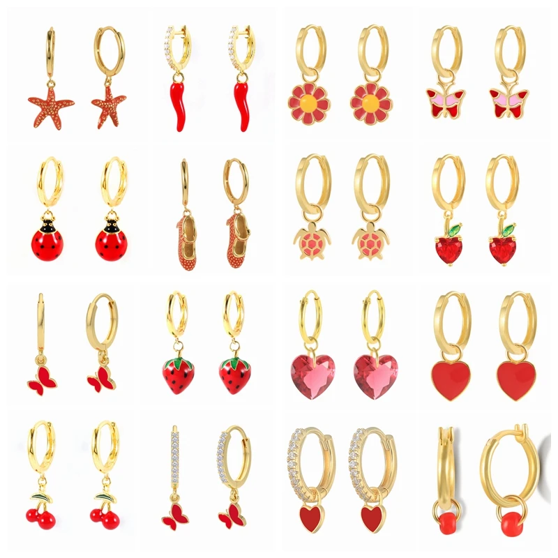 

Pendientes Plata 925 Sterling Silver Earring Colorful Enamel Chily Starfish Butterfly Heart Fruit Hoop Earring For Women Jewerly