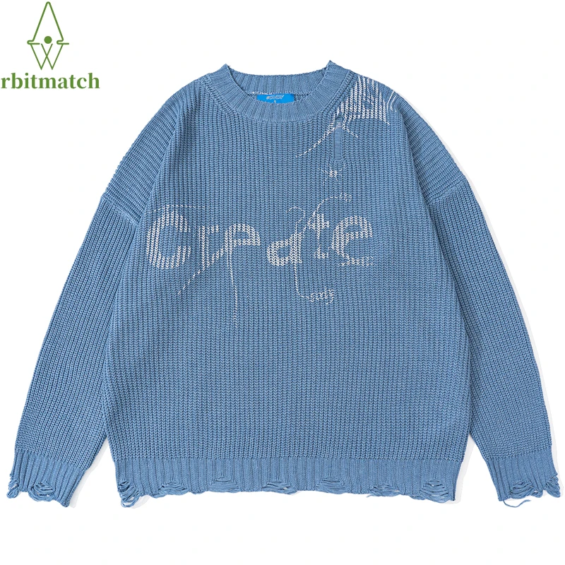 

Мужские пуловеры оверсайз, уличная одежда, свободный Хлопковый вязаный уличный свитер с буквенным принтом и дырками, повседневный женский ...