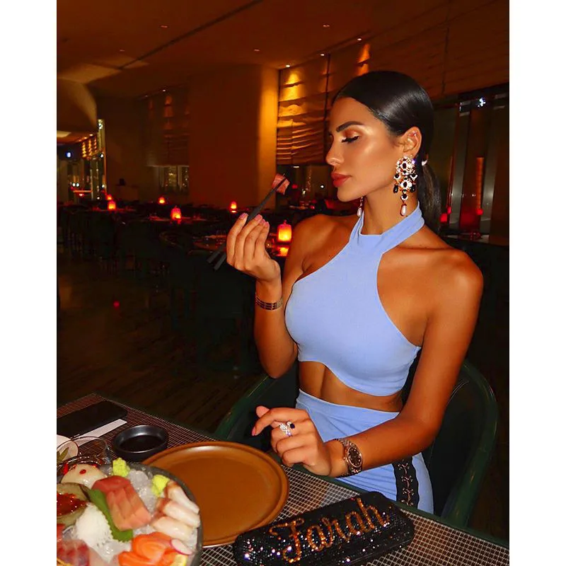 Женский облегающий комплект из двух предметов синий одежды короткого топа и юбки