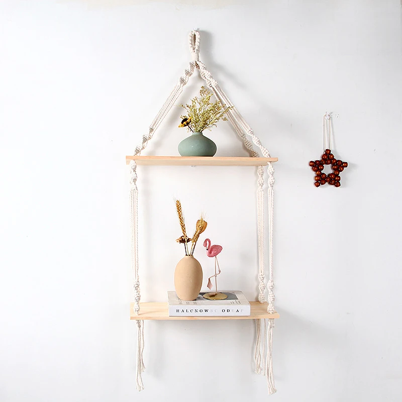 

Boho Wood Hanging Plant Shelf Swing Rope Floating Shelves Living Room Decorations Hand-woven Tapestry Plant Holder Bedroom Décor