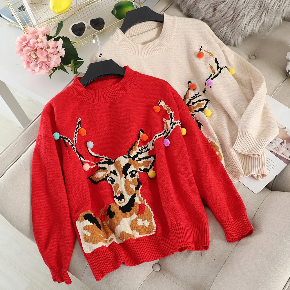Женский Рождественский свитер с принтом оленя повседневный пуловер длинными