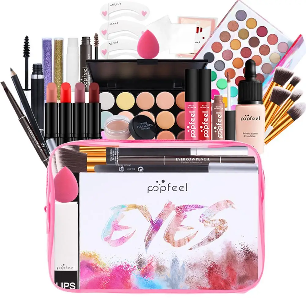 POPFEEL All In One Makeup Kit(Eyeshadow LiGloss Lipstick Brushes Eyebrow Concealer)Beauty Cosmetic Bag