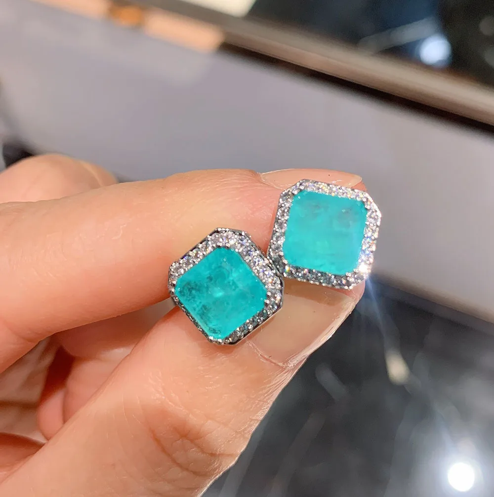 Vintage Lab Gemstone Emerald Paraiba Tourmaline Turquoise Earrings for Women Stud Ear Fine Jewelry Accessories Gift Wholesale