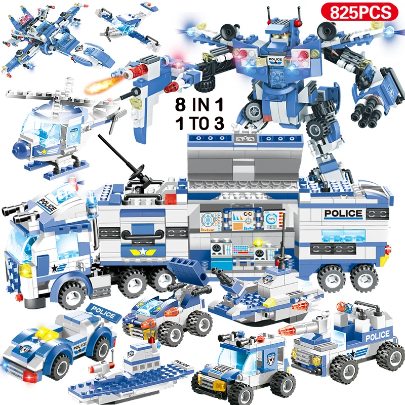 

825Pcs 8IN1 SWAT City Police Station Model Building Blocks City Car Truck Creative Friends Bricks Toys For Children Boys Gift