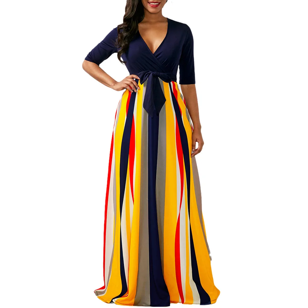 

Fashion Multicolor Striped Robe Sexy Deep V-neck Low-cut Half Sleeve High Waist Bow Maxi Dresses High Street Club Party Dresses