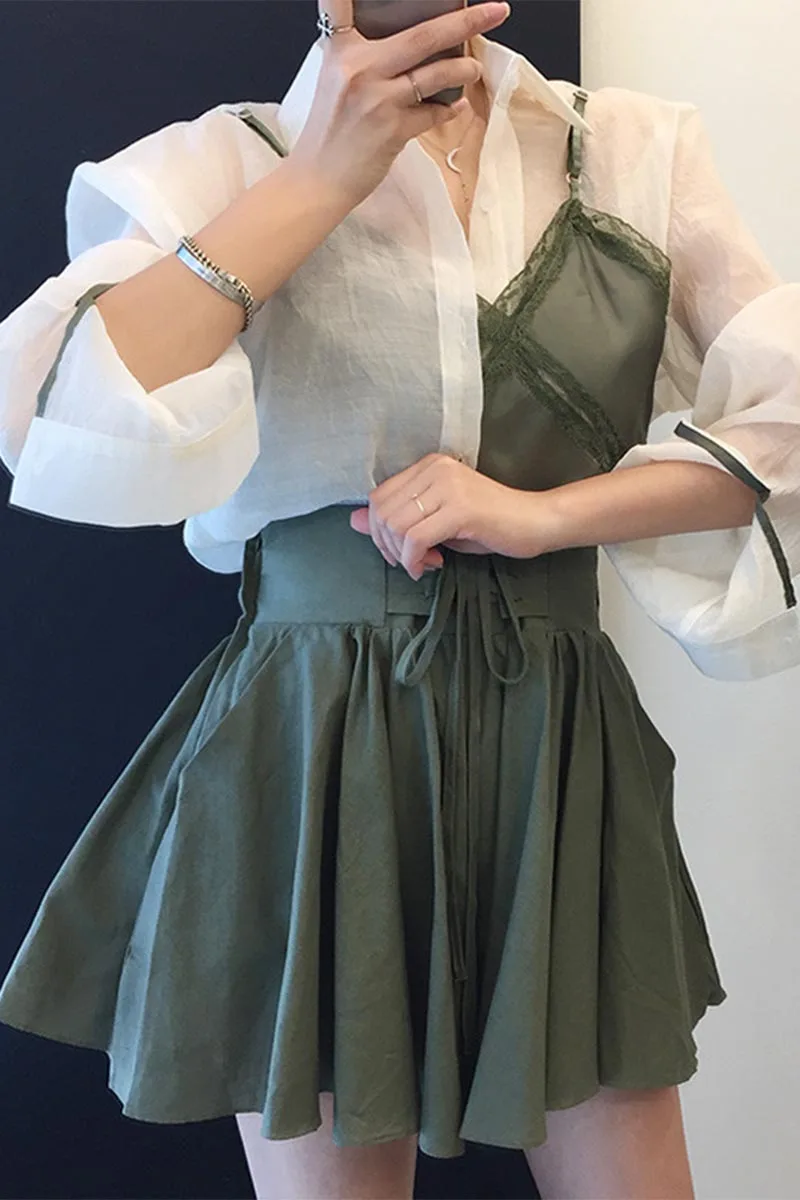 

Elegant Lapel Lace Fake Two-Piece Long Sleeve Shirt for Women 2021 Summer Sexy High Waist Lace-up Puffy Skirt Suit 2 Pieces Set
