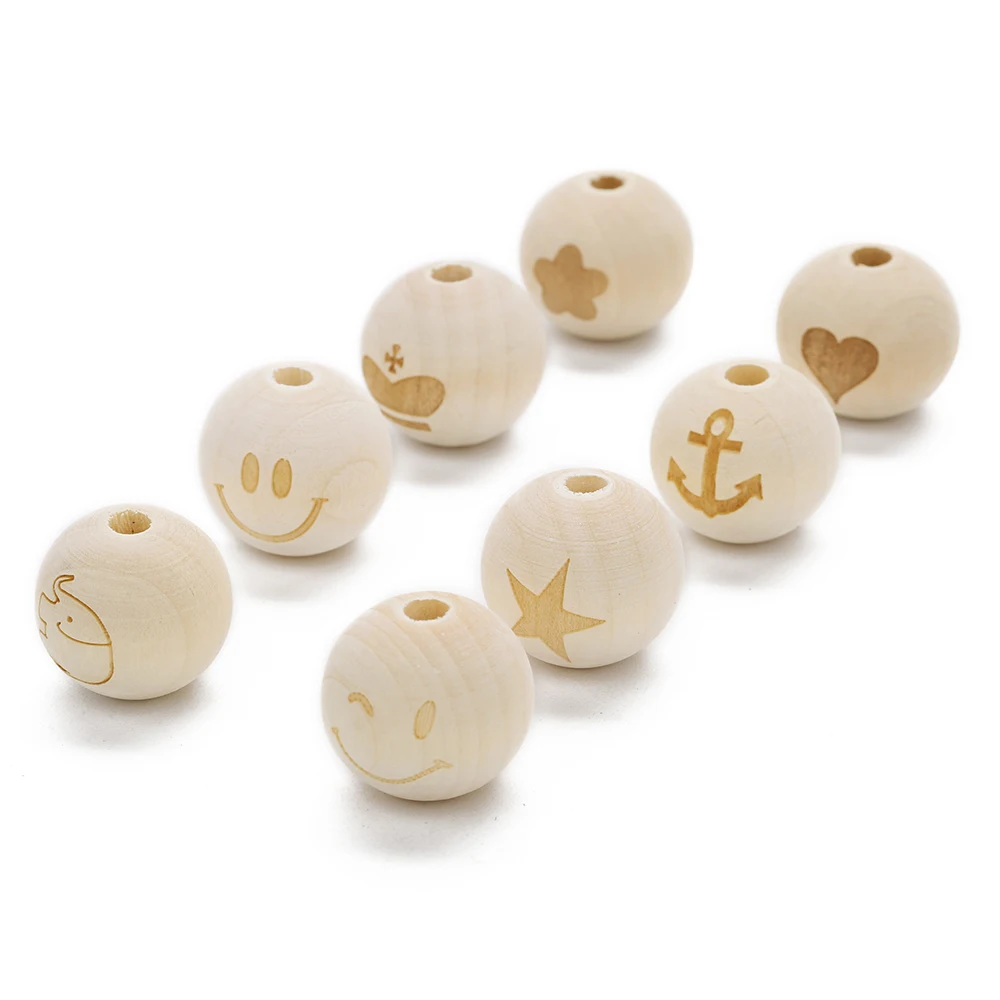 

10 шт./Лот 20 мм круглые деревянные бусины с улыбающимся лицом, сердцем, звездами, детским прорезывателем для зубов, деревянные бусины для изго...
