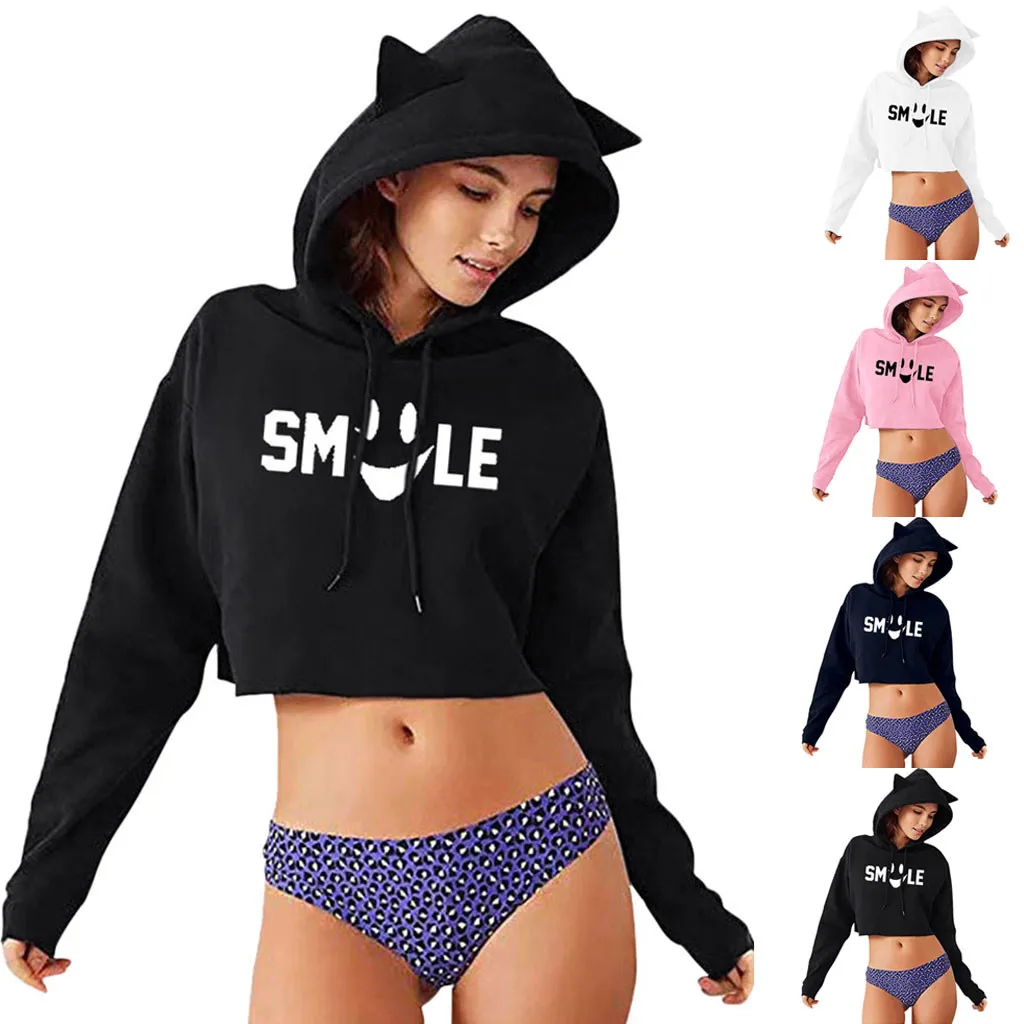 Женский зимний укороченный пуловер с кошачьими ушками и поясницей|Женские