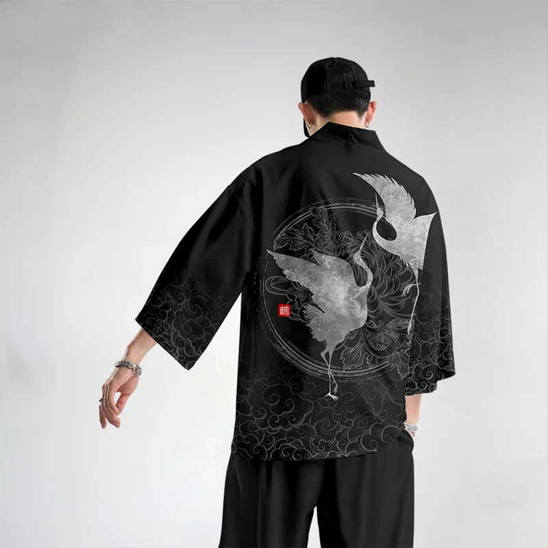 Large Size Kimono Harajuku Print Crane 3d Japanese Cardigan for Men Women Loose Robe 3/4 Sleeves Samurai Costume Streetwear |