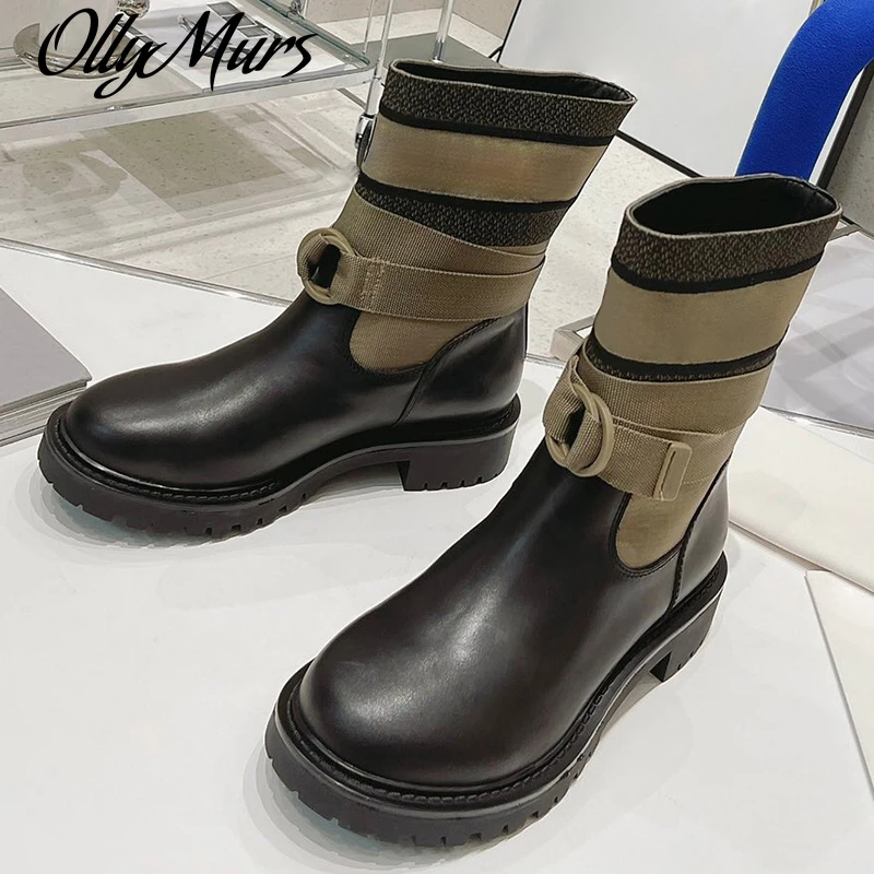

Ollymurs New Fashion Square Heels Boots Spring Autumn Brand Design Round Toe Women Shoes High Quality Slip-On Female Boots