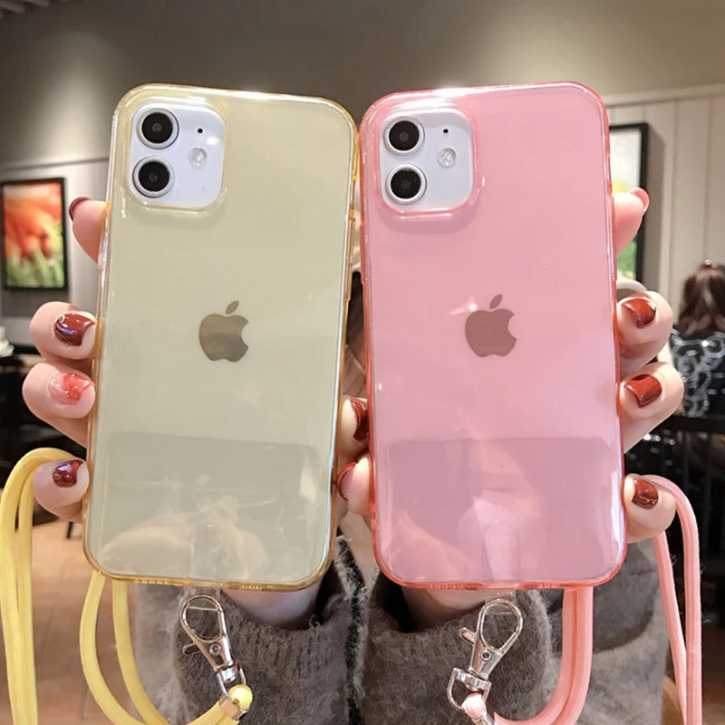 

Necklace Lanyard Phone Case For iPhone 12 11 Pro Max 11Pro XS Max X XR 7 8 6 6S Plu Soft Clear Strap Cord Chain Tape Cover Shell