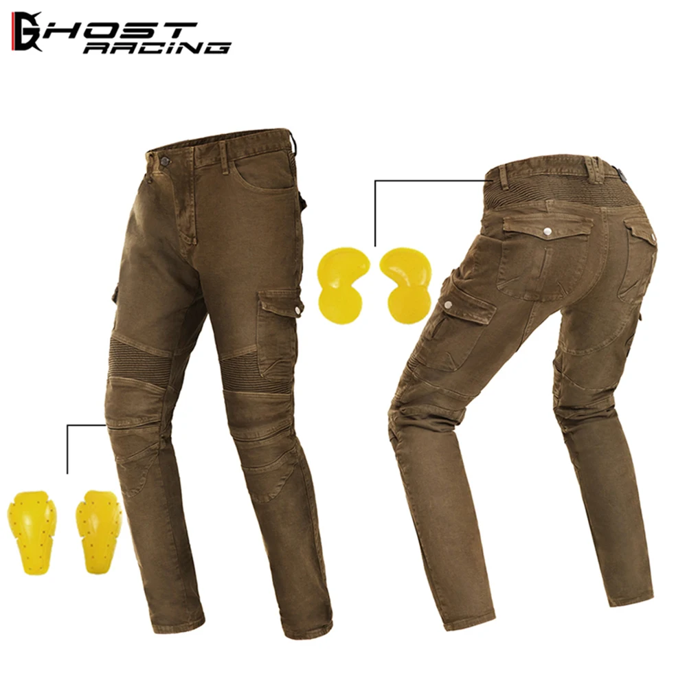 GHOST RACING Army Green Motorcycle Pants Moto Jeans Zipper Protective Gear Motorbike Trousers Motocross Pants Men Riding Pants